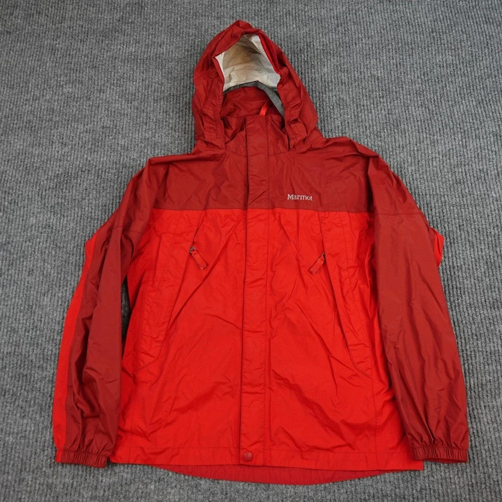 Marmot Jacket Mens XL Red Hooded Full Zip Lightweight Windbreaker Colorblock